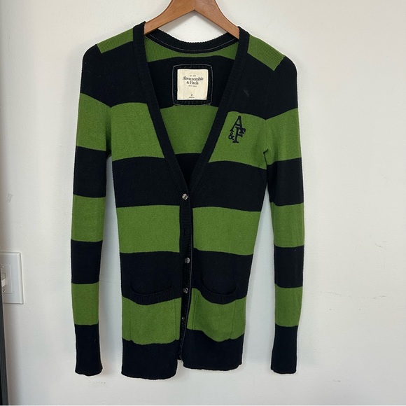 Abercrombie & Fitch Striped Cardigan Sweater Olive Green Navy Blue Womens Size M - Picture 2 of 7